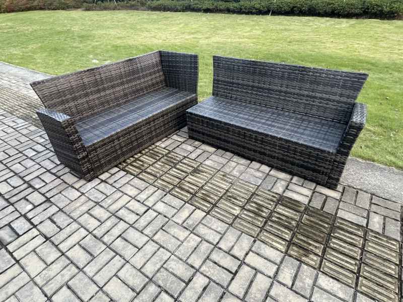 Fimous 7 Seater Rattan Garden Furniture Corner Sofa Set Outdoor Patio Sofa Chair Table Set with Rectangular Coffee Table Dark Grey Mixed