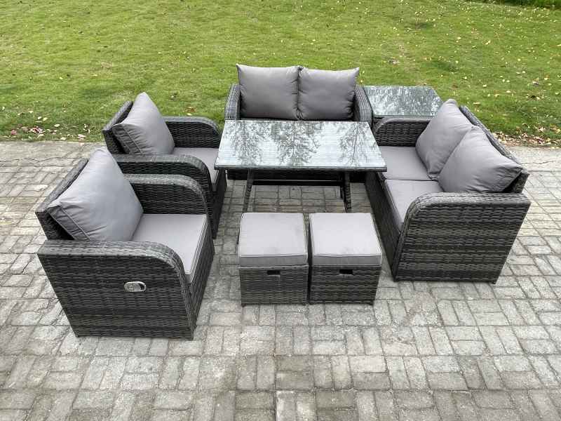 Fimous Wicker PE Rattan Garden Dining Set Outdoor Furniture Sofa with Rectangular Dining Table Side Table 2 Small Footstools Dark Grey Mixed