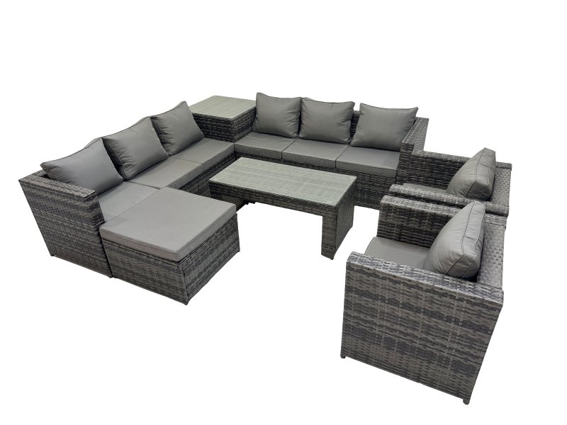 Fimous Garden Rattan Outdoor Furniture Set 9 Seater Patio Corner Sofa Oblong Coffee Table with Chair Big Stool Side Table Dark Grey