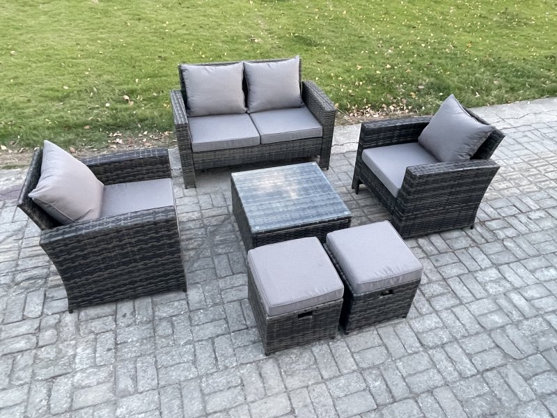 Fimous 6 Seater Outdoor Garden Furniture High Back Rattan Sofa Set with Square Coffee Table 2 Small Footstools Dark Grey Mixed