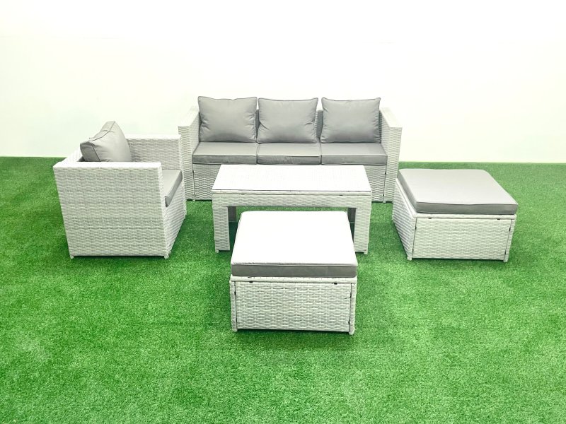 Fimous Outdoor Rattan Garden Furniture Set with Grey Cushions Luxury 6 Seater with 2 Big Footstools and Coffee Table For Conservatory,Patio