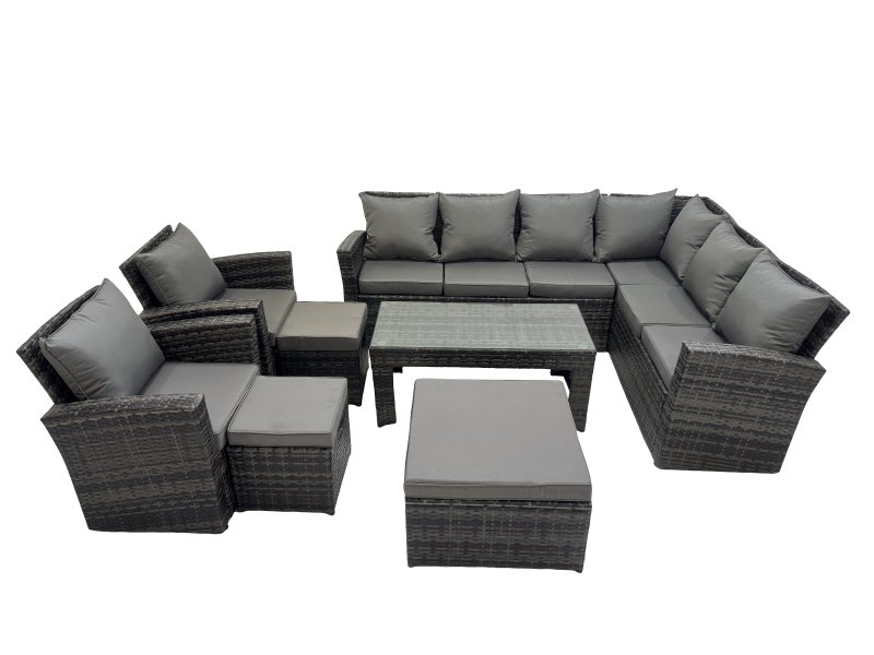 Fimous Rattan Garden Furniture Set 8 Pieces Outdoor Garden Sofa Oblong Coffee Table Set with Chair 3 Footstools Dark Grey Mixed