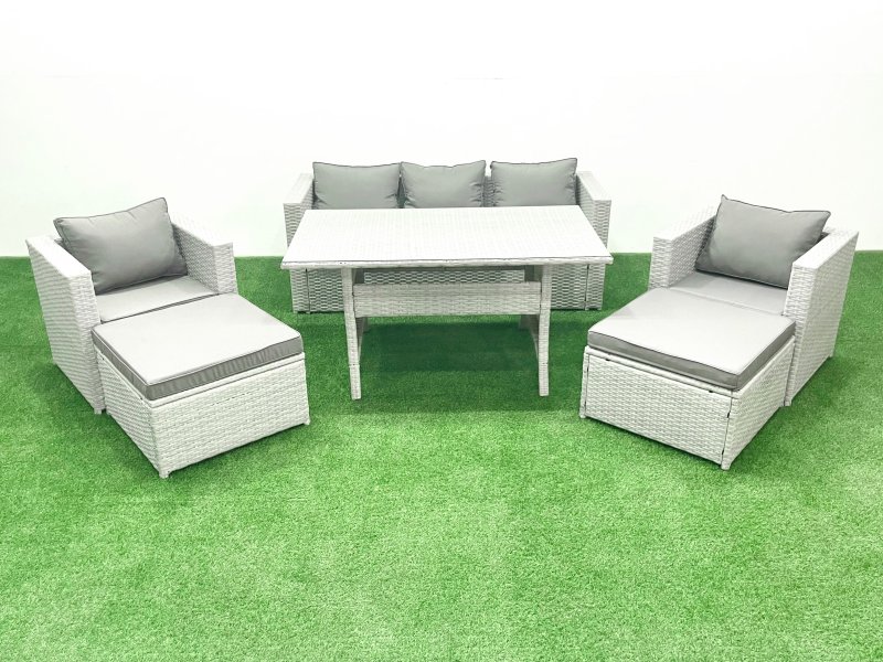 Fimous Garden Dining Set Outdoor Rattan Furniture Set with Sofa Dining Table 2 Chairs 2 Big Footstools Light Grey Mixed