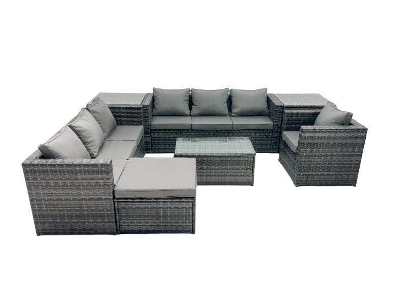 Fimous Rattan Garden Furniture Dining Set 8-seater Patio Coffee Table Sofa Set with Big Stool 2 Side Tables Dark Grey Mixed