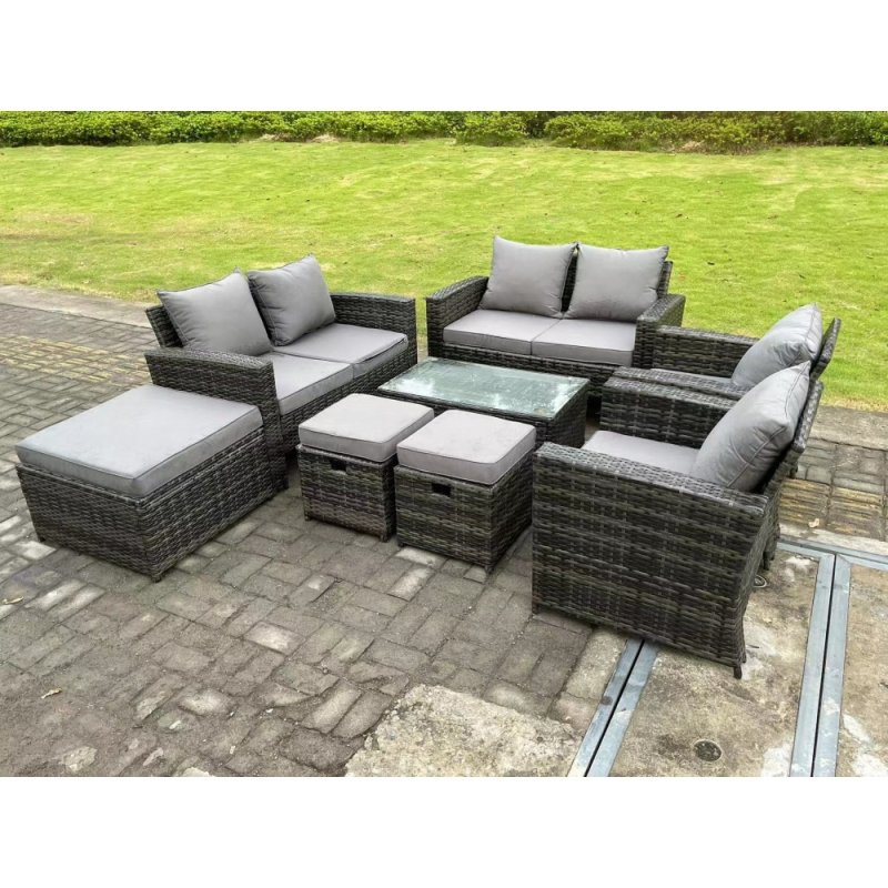 Fimous 9 Seater Dark Grey Mixed High Back Rattan Sofa Set Oblong Coffee Table Garden Furniture Outdoor Patio