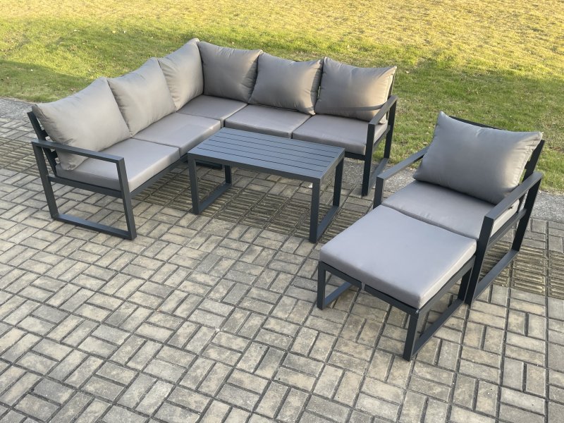 Fimous Aluminium Outdoor Garden Furniture Set Lounge Sofa Oblong Coffee Table Sets with Chair Big Footstool Indoor Conservatory Set Dark Grey