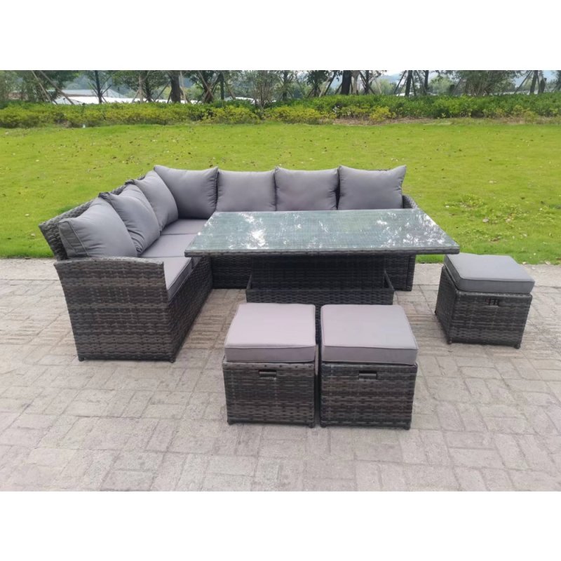 Fimous High Back Corner Rattan Garden Furniture Sofa Rising Dining Table Height Adjustable 9 Seater 3 Small Foot Stools