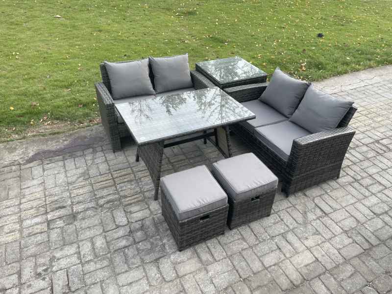 Fimous Garden Furniture Sets 6 Pieces Wicker Rattan Furniture Manual Wicker Patio Sofa Patio Conversation Set with Side Table 2 Small Footstools Dark Grey Mixed