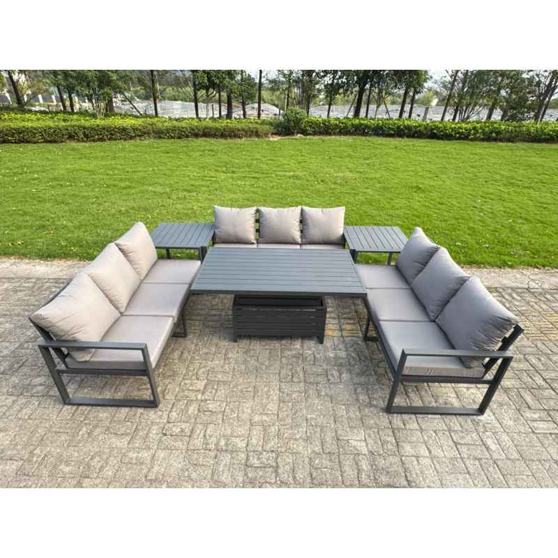Fimous U-shaped Garden Furniture Set 9-Seater Aluminium Outdoor Dining Set with Adjustable Rising Lifting Dining Table Side Table Dark Grey