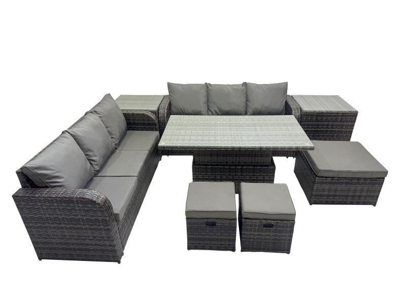 Fimous Rattan Garden Furniture Dining Set 9-seater Patio Height Adjustable Rising Lifting Table Sofa Set with 2 Side Table 3 Footstools Dark Grey Mixed