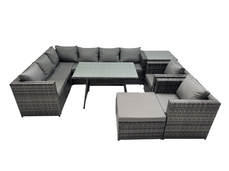 Fimous 9-seater Outdoor PE Rattan Sofa Set with Dining Table Patio Garden Furniture Sets with 2 Chair Big Stool Side Table Dark Grey Mixed
