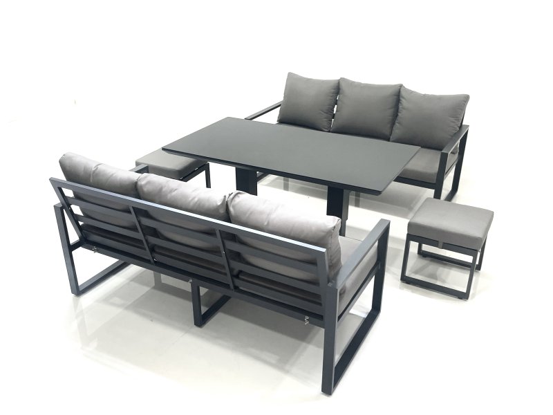 Fimous 8 Seater Aluminium Outdoor Garden Furniture Set with Adjustable Rising Lifting Dining Table 3 Seater Sofa 2 Small Footstool Dark Grey