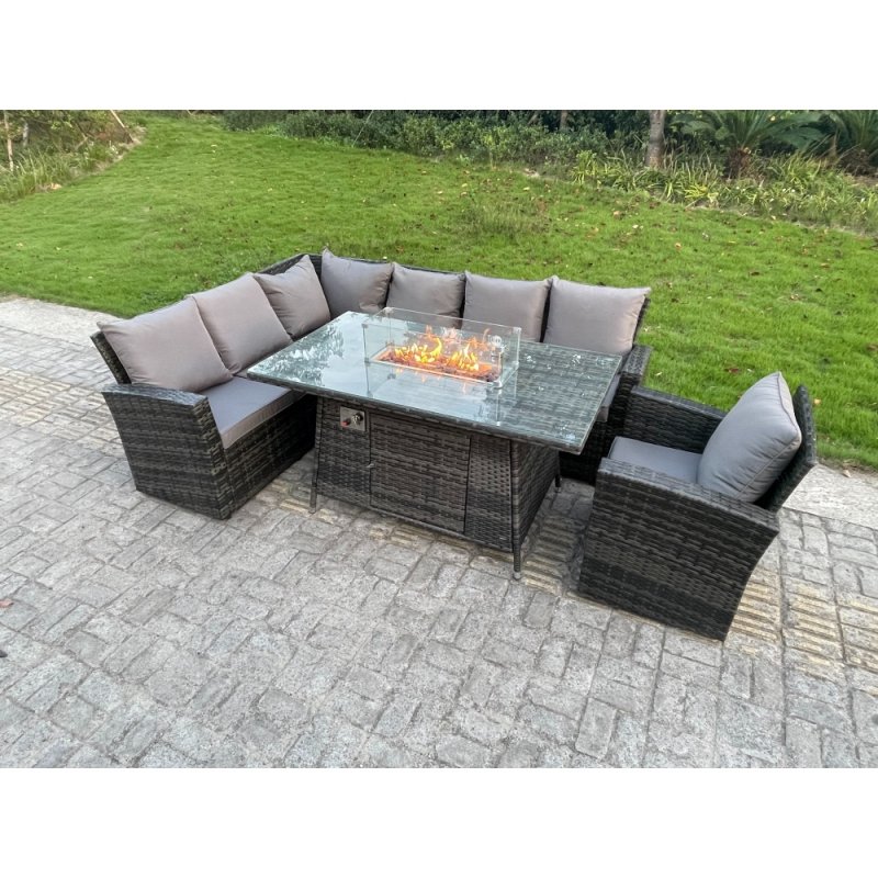Fimous Outdoor Rattan Corner Sofa Garden Furniture High Back Sofa Set Gas Fire Pit Dining Table Gas Heater Burner Arm Chair 7 Seater