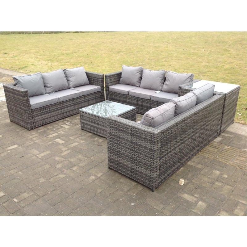 9 Seater U Shape Rattan Garden Furniture Set Patio Outdoor Lounge Sofa With Footstool Dark Grey Mixed