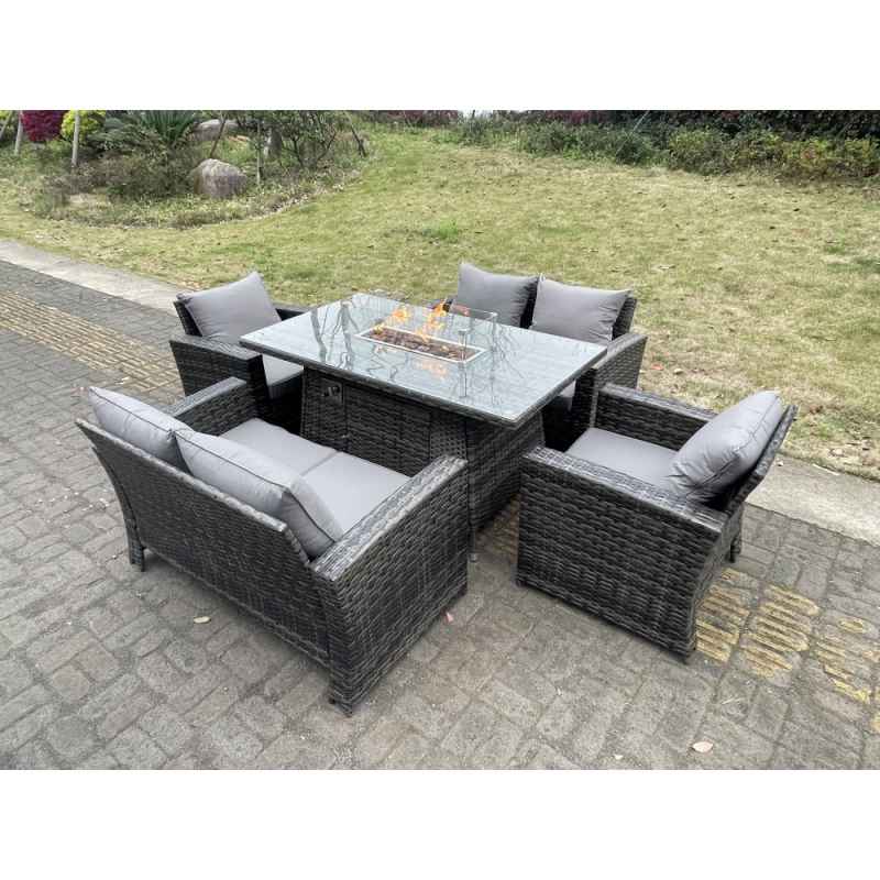 Fimous Rattan Outdoor Furniture Gas Fire Pit Rectangle Dining Table Gas Heater Chairs Two Seater Love Sofa Sets 6 Seater