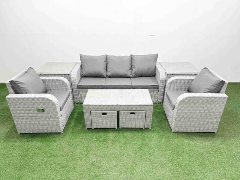 Fimous PE Rattan Garden Furniture Set Reclining Chair Sofa Lounge Sofa Set Rectangular Coffee Table 2 Side Table 2 Small Stools Light Grey