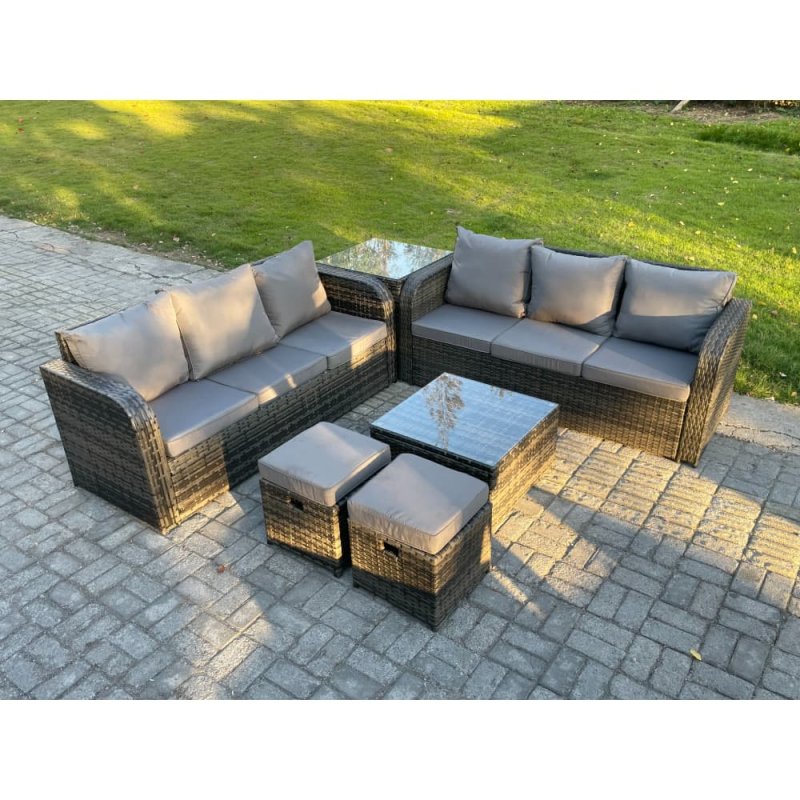 Fimous Indoor Outdoor Rattan Garden Furniture 8 Seater Set Table Sofa Chair Patio Conservatory with Grey Cushions Side Table 2 Small Footstools