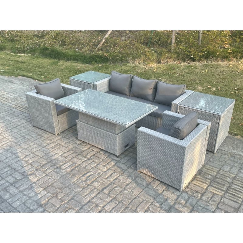 Fimous Rattan Garden Funiture Set Adjustable Rising Lifting Table Sofa Dining Set With 2 Arm Chair 2 Side Table