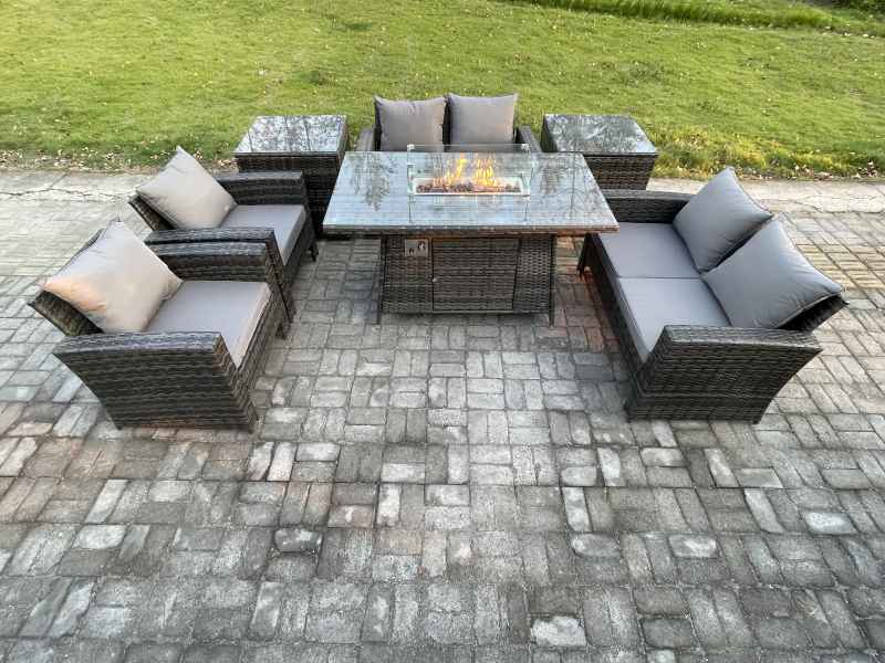 Fimous Wicker PE Rattan Garden Furniture Sets Patio Outdoor Gas Firepit Dining Table Heater Set with Double Seat Sofa 2 Side Tables Dark Grey Mixed