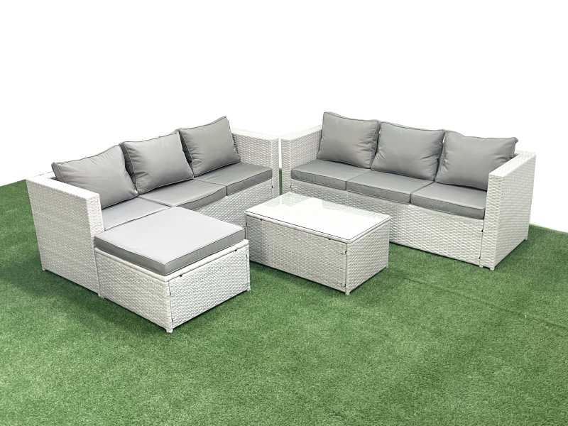 Fimous Garden Outdoor PE Rattan Furniture Set 7 Seater Rattan Garden Sofa Set with Big Footstool Light Grey Mixed