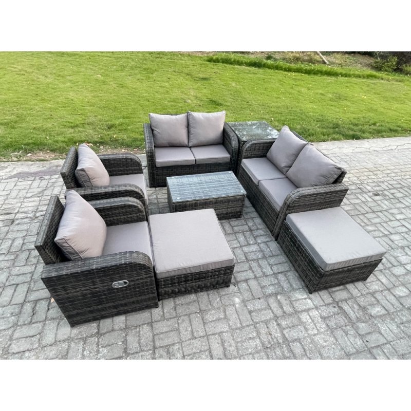 Fimous 8 Seater Rattan Garden Furniture Set Patio Outdoor Lounge Sofa Set with Rectangular Coffee Table 2 Big Footstool Love Sofa Side Table Dark Grey Mixed