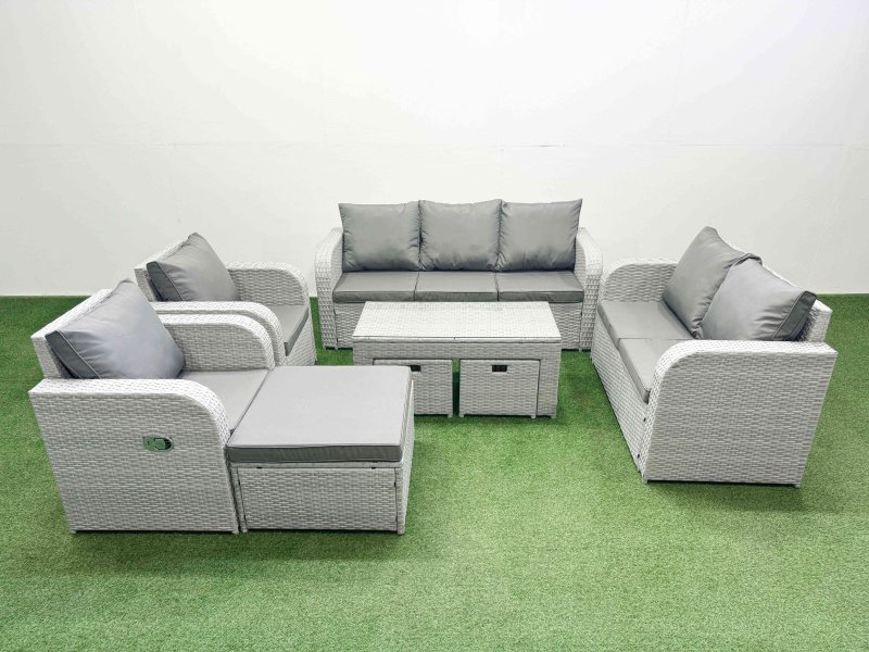 Fimous PE Rattan Garden Furniture Set Adjustable Chair Sofa Double Love Seat 2 Seater Sofa Lounge Set Rectangular Coffee Table 3 Stools Light Grey