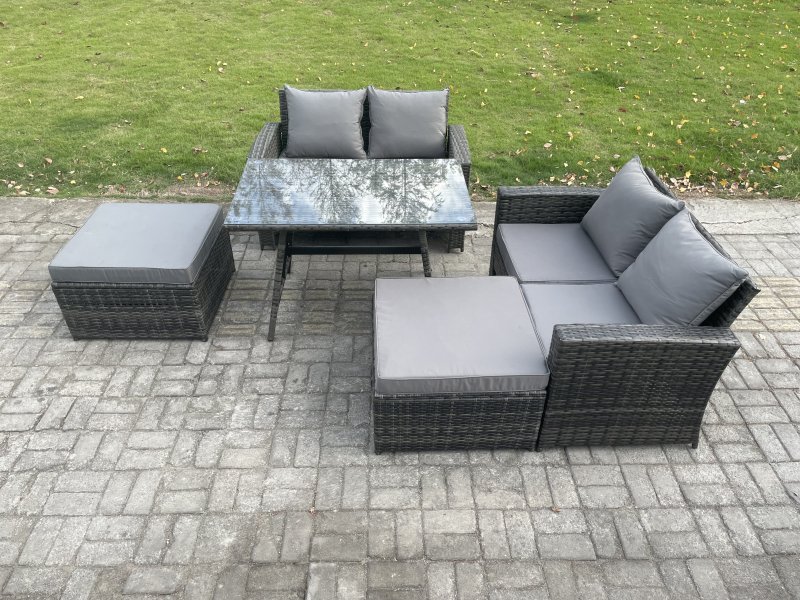 Fimous 6 Seater Wicker PE Rattan Garden Dining Set Outdoor Furniture Sofa with Rectangular Dining Table Double Seat Sofa 2 Big Footstool Dark Grey Mixed