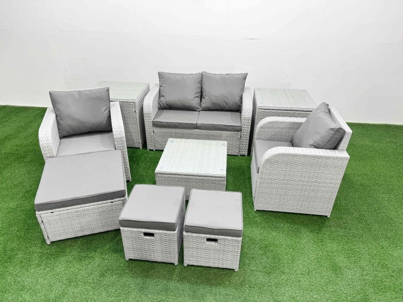 Fimous Light Grey PE Wicker Rattan Garden Furniture Set Sofa Set Reclining Adjustable Chair Square Coffee Table 7 Seater 3 Stools 3 Side Table