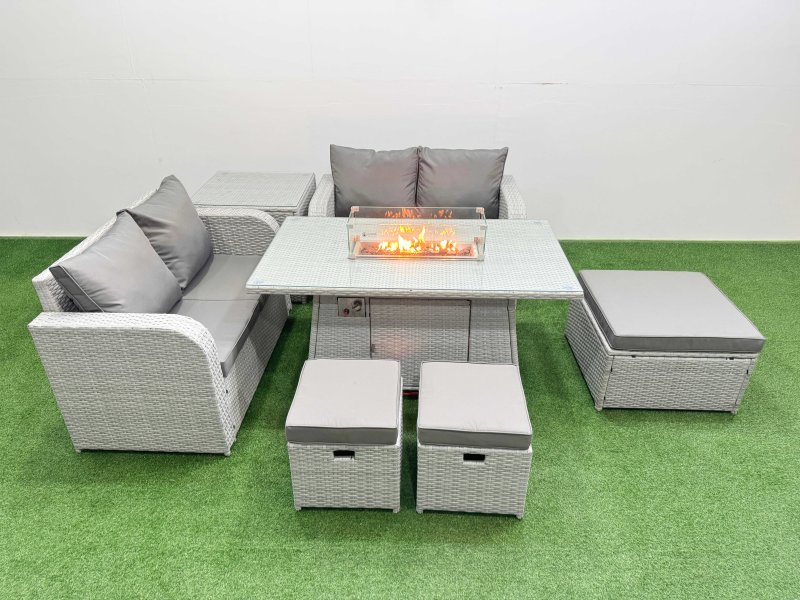 Fimous 7 Seater Outdoor Love Sofa Set Rattan Garden Furniture Set with Firepit Dining Table 3 Footstool Side Table Light Grey