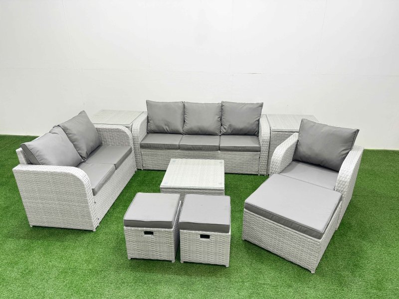 Fimous Patio PE Wicker 9 Seater Outdoor Rattan Furniture Sofa Sets with Square Coffee Table Reclining Chair Loveseat Sofa 3 Seater Sofa Stool 2 Side Table Light Grey