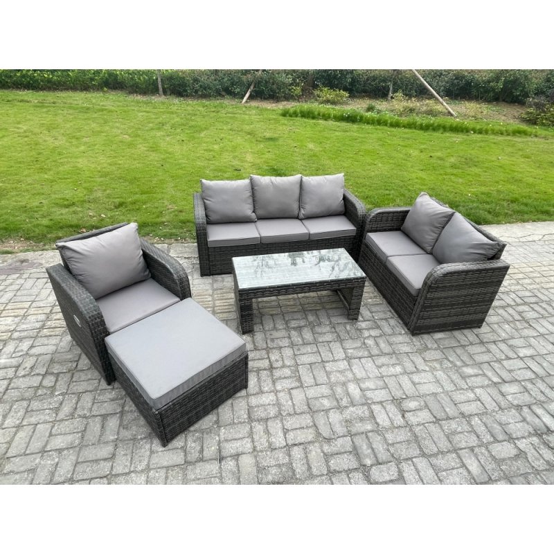 Fimous 7 Seater Outdoor Rattan Garden Furniture Set Rattan Lounge Sofa Set with Rectangular Coffee Table Reclining Chair Big Footstool Dark Grey Mixed