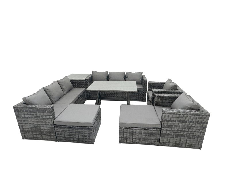 Fimous Rattan Dining Table Sofa Set with Armchair Side Table 2 Big Footstools Outdoor 10 Seat Garden Furniture Set Dark Grey Mixed