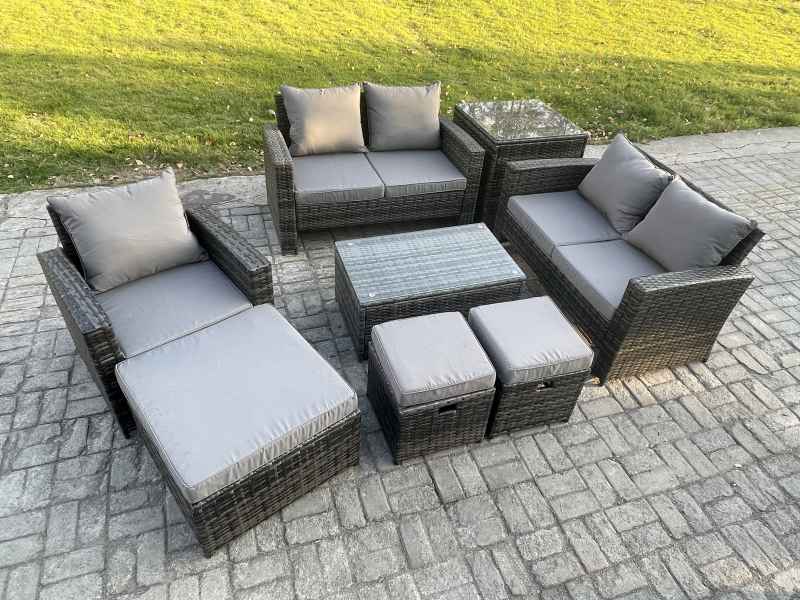 Fimous Rattan Garden Furniture Set 8 Seater Patio Outdoor Lounge Sofa Chair Set with Rectangular Coffee Table 3 Footstools Side Table Dark Grey Mixed