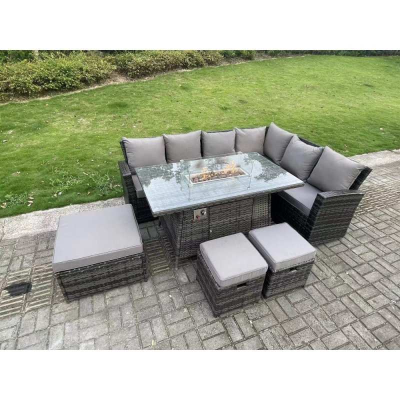 Fimous 9 Seater?Outdoor High Back Rattan Gas Fire Pit Corner Sofa Set Garden Furniture Heater Dining Table Set Footstools Dark Grey Mixed Right Hand