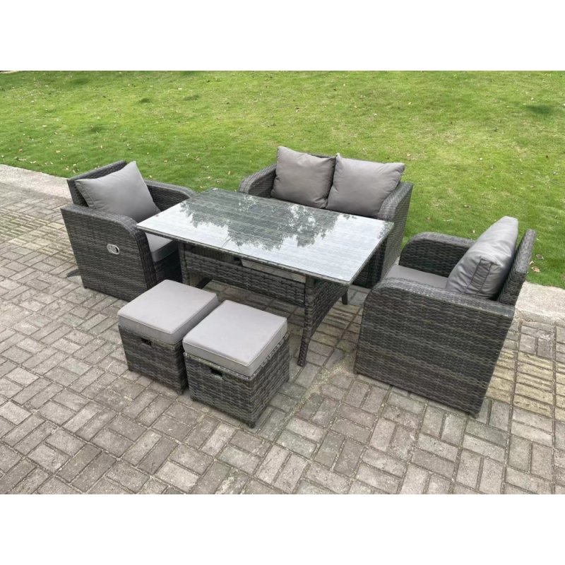 Fimous Dark Grey PE Wicker Rattan Garden Furniture Set Love Sofa Reclining Chair Outdoor Rectangular Dining Table Stools 6 Seater