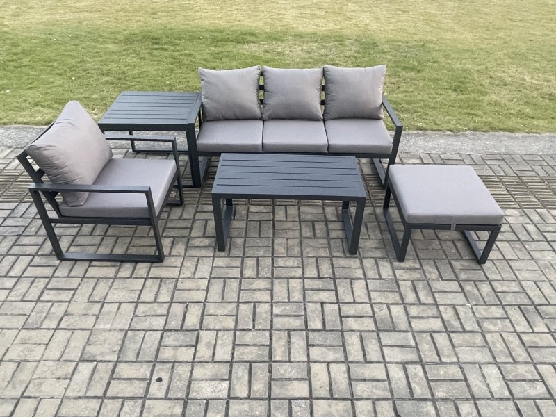 Fimous Aluminium 5 Pieces Garden Furniture Sofa Set with Cushions 5 Seater Outdoor Patio Set with Armchair Big Footstool Side Table Dark Grey