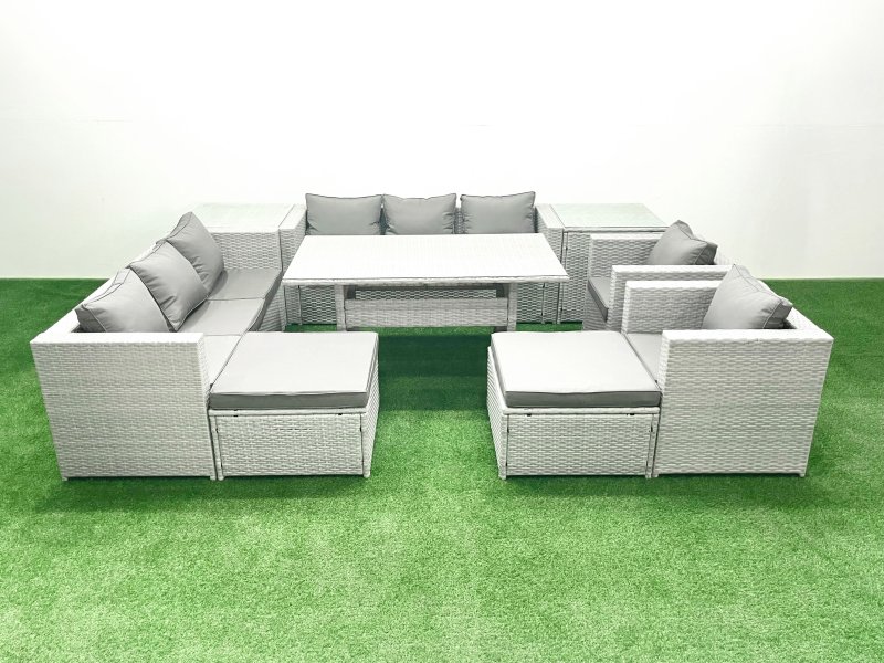 Fimous Rattan Garden Furniture Set Outdoor 8 Seater Patio Dinin g Sofa Sets with Dining Table 2 Chairs 2 Side Tables 2 Big Footstools Light Grey Mixed