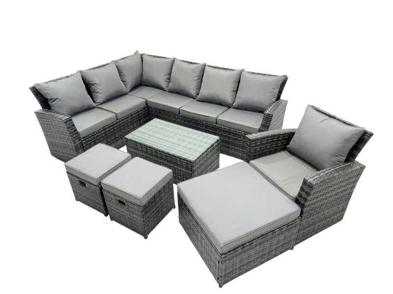 Fimous 10 Seat Rattan High Back Corner Sofa Set Patio Coffee Table Sets with 3 Stools Chair Dark Grey Mixed