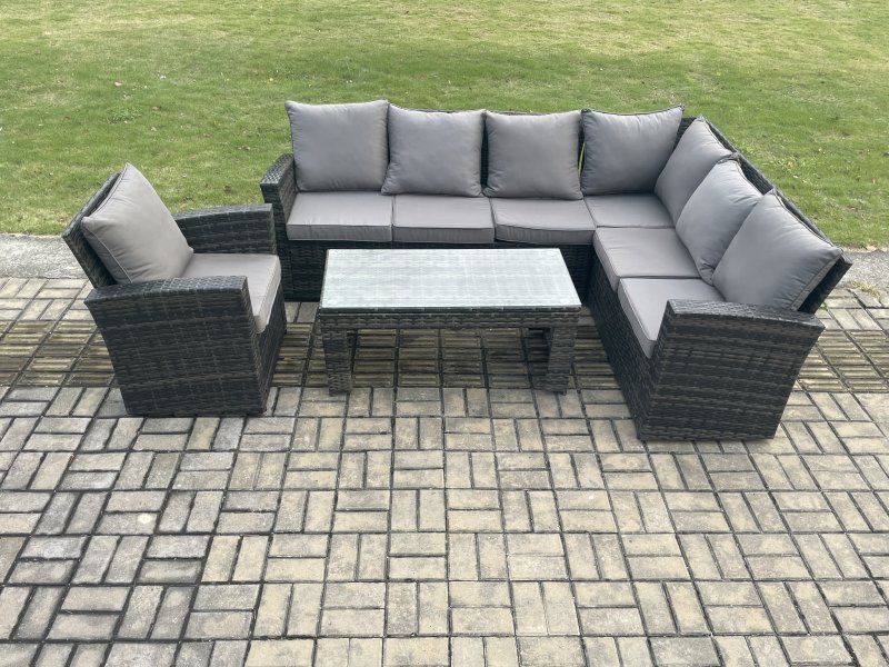 Fimous 7 Seat Rattan Garden Furniture Corner Sofa Set Outdoor Patio Sofa Chair Table Set with Cushions Dark Grey Mixed
