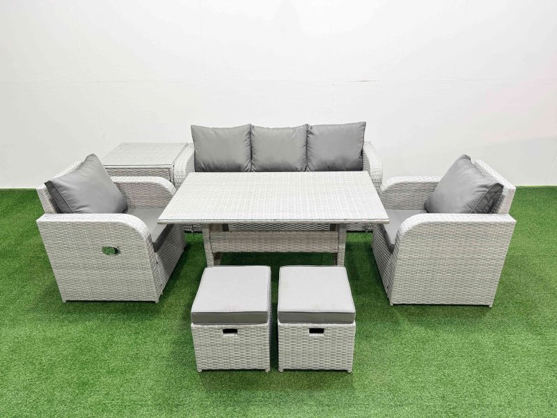 Fimous PE Rattan Garden Furniture Set Reclining Chair Sofa Lounge Sofa Set Rectangular Dining Table Side Table 2 Small Stools Light Grey