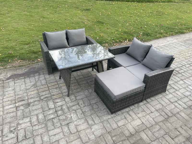 Fimous Garden Furniture Sets 4 Pieces Wicker Rattan Furniture Manual Wicker Patio Sofa Patio Conversation Set with Big Footstool Dark Grey Mixed