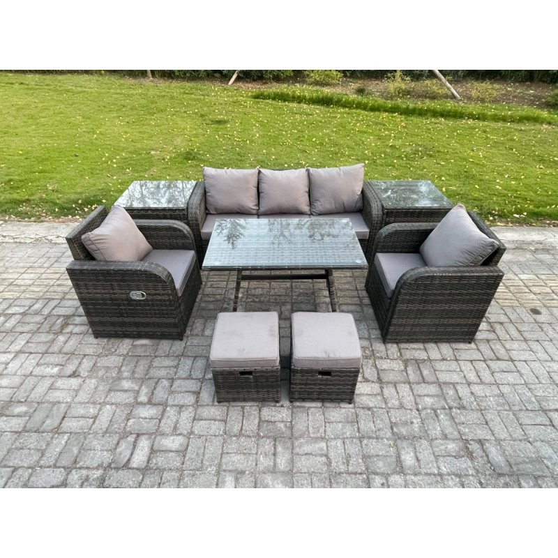 Fimous Outdoor Garden Furniture Sets 8 Pieces Wicker Rattan Furniture Sofa Sets with Rectangular Dining Table 2 Small Footstools 2 Side Tables
