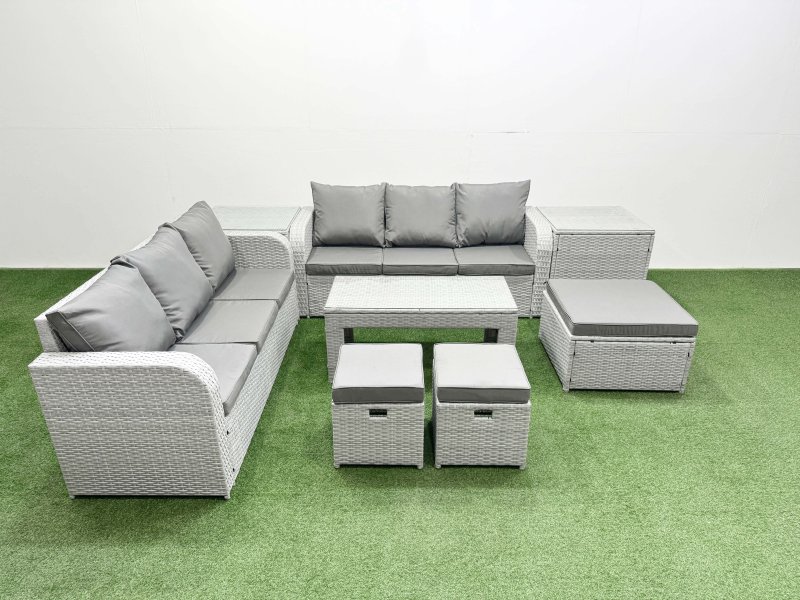 Fimous Outdoor Garden Furniture Sets 9 Seater Wicker Rattan Furniture Sofa Sets with Oblong Coffee Table high Back Lounge Sofa 3 Stools 2 Side Table Light Grey