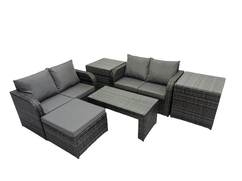 Fimous 3 Seater Sofa Reclining Chair Coffee Table Set Rattan Garden Outdoor Furniture Set with 2 Side Tables Big Stool Dark Grey Mixed