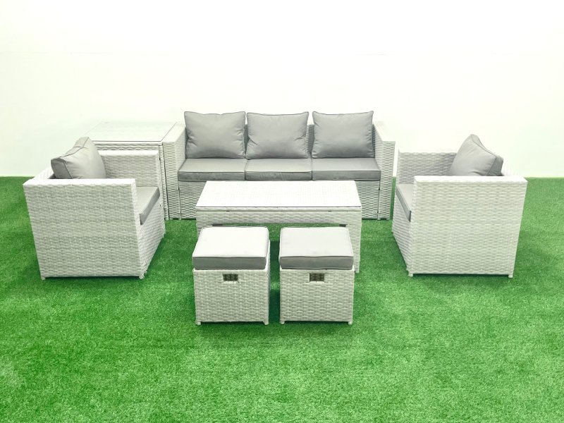 Fimous Rattan Garden Furniture Set 7 Seater Outdoor Garden Sofa Oblong Coffee Table Set with 2 Chairs 2 Stools Side Table Light Grey Mixed