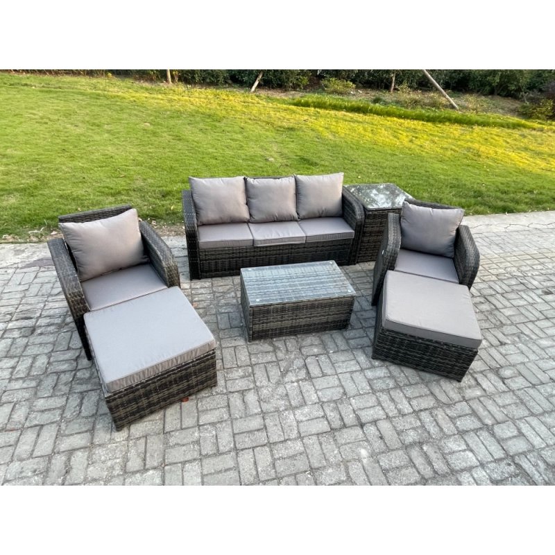 Fimous 7 Seater Rattan Garden Furniture Set Patio Outdoor Lounge Sofa Set with Rectangular Coffee Table 2 Big Footstool 3 Seater Sofa Side Table Dark Grey Mixed