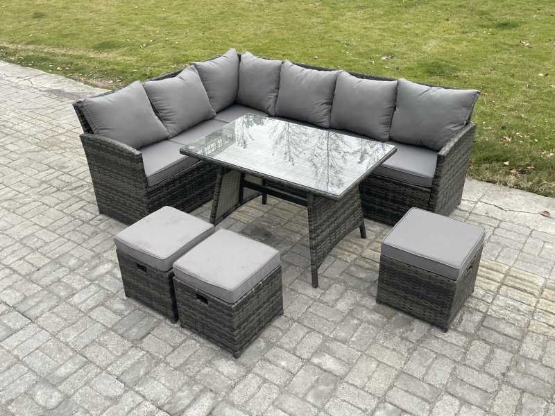 Fimous Wicker Rattan Garden Furniture Corner Sofa Set with Oblong Dining Table 3 Small Footstools 9 Seater Outdoor Rattan Set Dark Grey Mixed