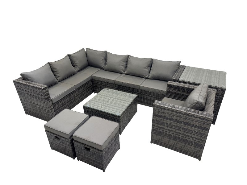 Fimous Rattan Garden Furniture Patio Furniture Sets with Corner Sofa Chair Square Coffee Table Side Table 2 Small Footstools Dark Grey Mixed