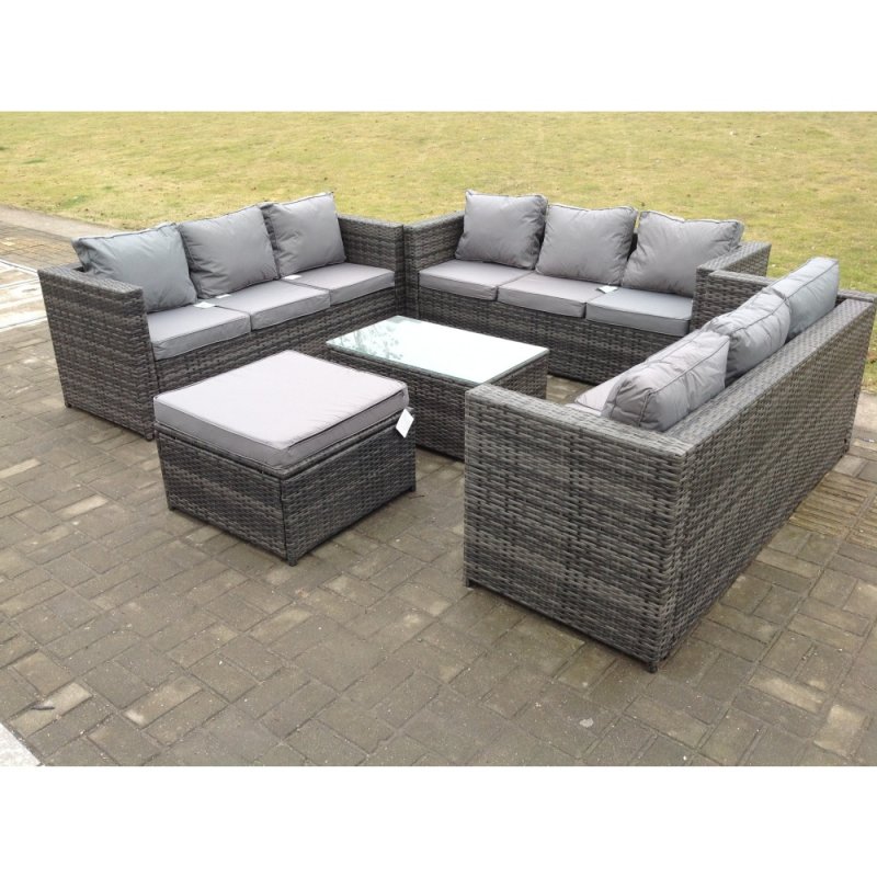 Fimous Outdoor Rattan Garden Furniture Lounge Sofa Set With Oblong Coffee Table With Big Footstool