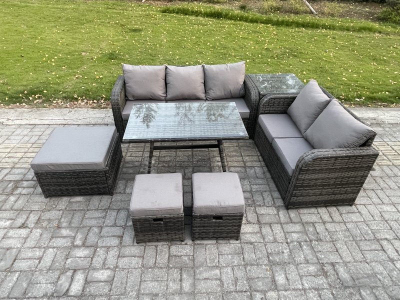 Fimous Rattan Garden Furniture Dining Set 8 seater Patio Rectangular Table 3 Footstools Love Sofa Side Table Dark Grey Mixed